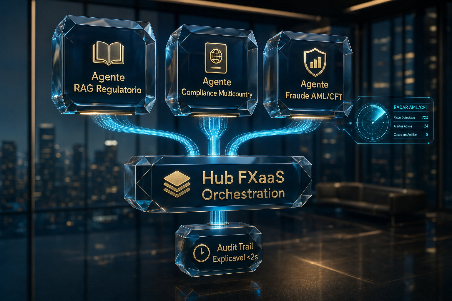3D multi-agent architecture: regulatory RAG, multicountry compliance and AML/CFT fraud on the FXaaS hub.
