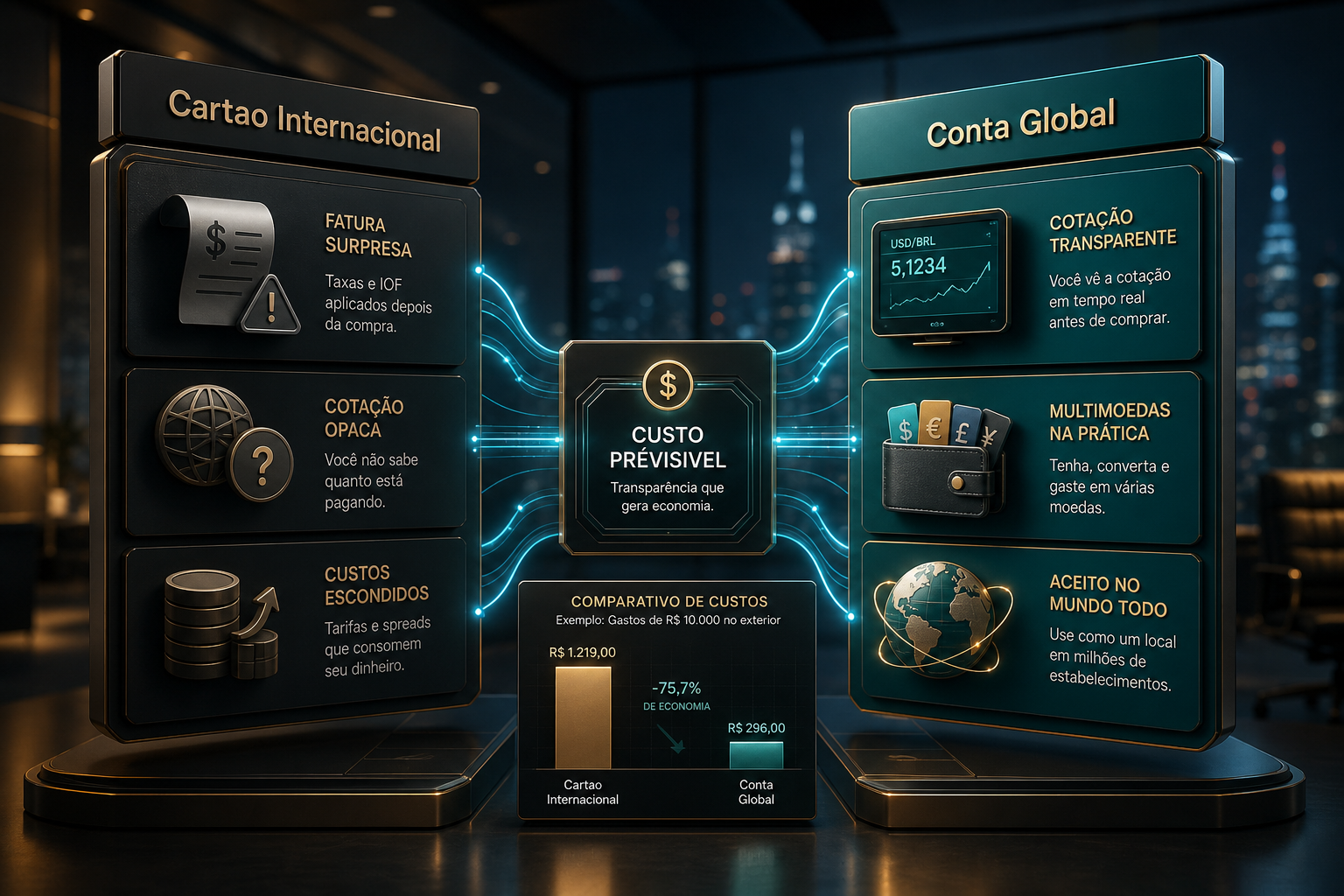 3D comparison: opaque international card versus Global Account with predictable cost.