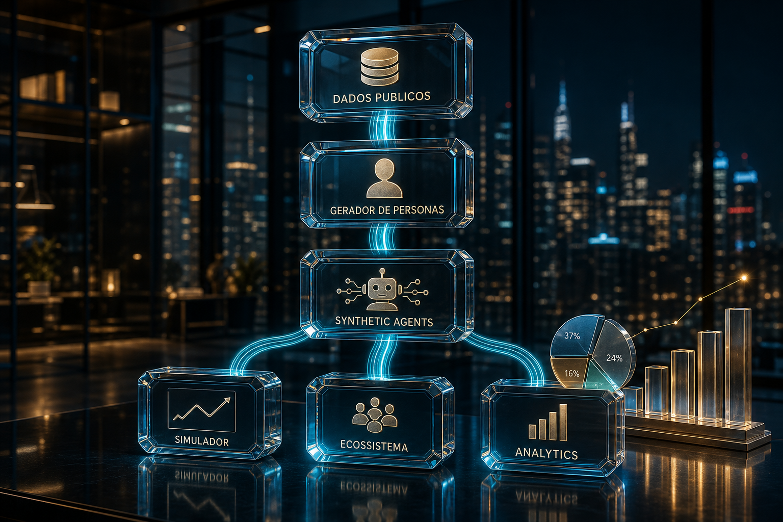 Diagrama 3D de população sintética financeira: dados públicos, personas, agentes e analytics.